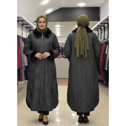 YAKASI VE BİLEK KISMI KÜRK DEYALI ŞIK PARDESÜ - Siyah