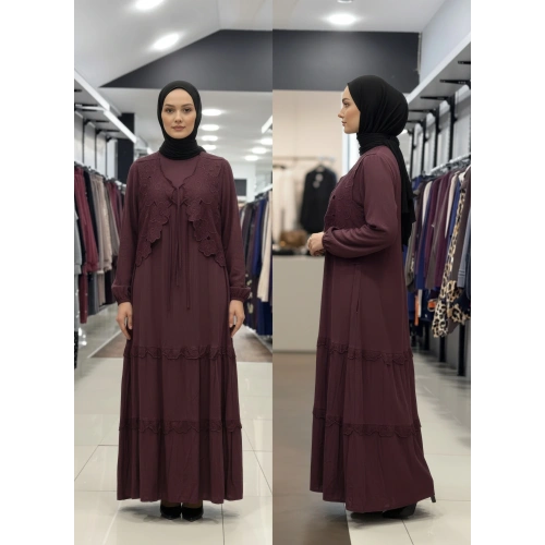 YELEK DETAYLI İKİLİ ELBİSE - Bordo