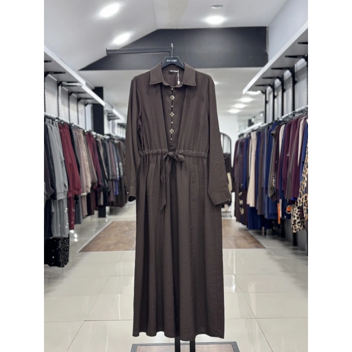 BELDEN KEMERLİ ELBİSE - Kahverengi