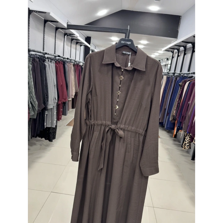 BELDEN KEMERLİ ELBİSE - Kahverengi