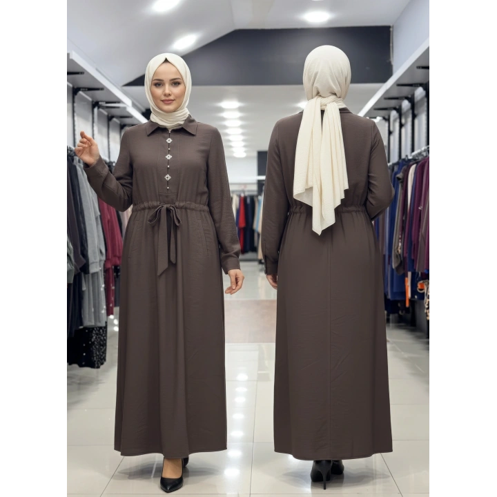 BELDEN KEMERLİ ELBİSE - Kahverengi