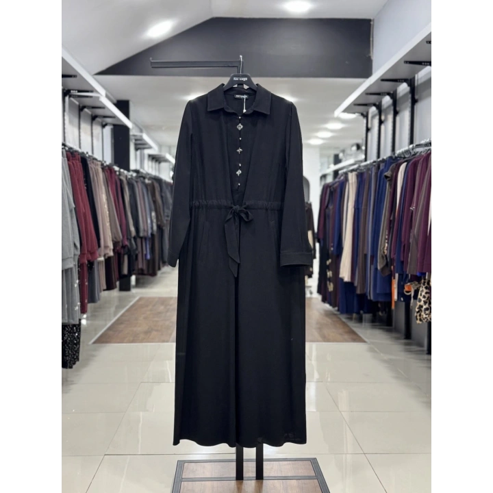 BELDEN KEMERLİ ELBİSE - Siyah