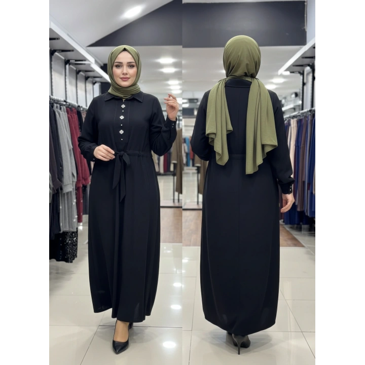 BELDEN KEMERLİ ELBİSE - Siyah