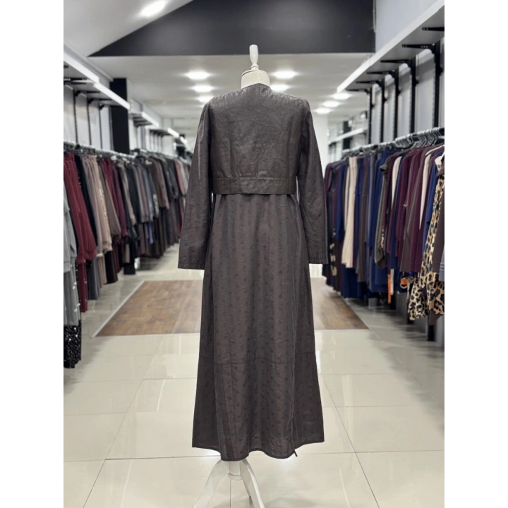 DERİ YELEKLİ CEP VE FERMUAR DETAYLI ELBİSE - Kahverengi