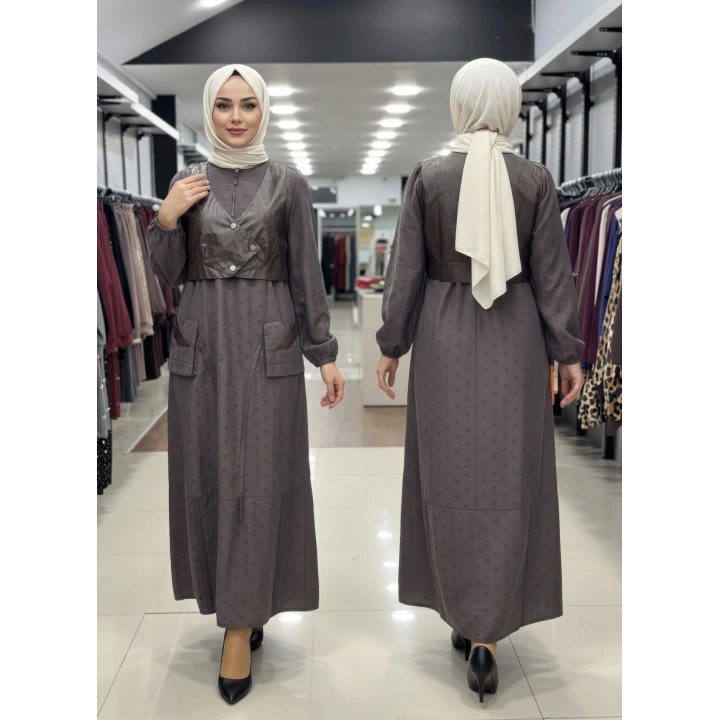 DERİ YELEKLİ CEP VE FERMUAR DETAYLI ELBİSE - Kahverengi