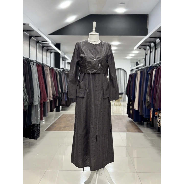 DERİ YELEKLİ CEP VE FERMUAR DETAYLI ELBİSE - Siyah