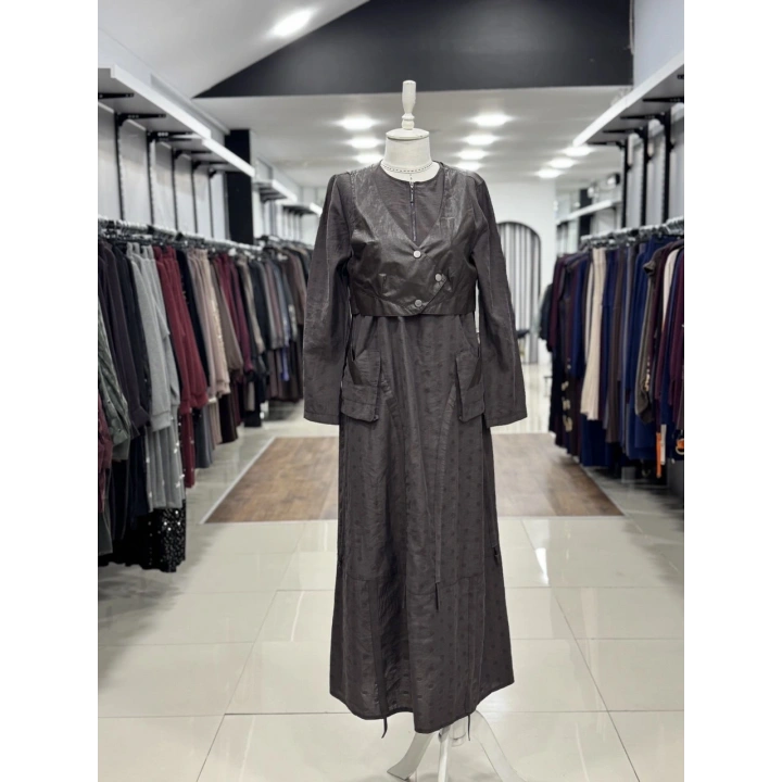 DERİ YELEKLİ CEP VE FERMUAR DETAYLI ELBİSE - Siyah