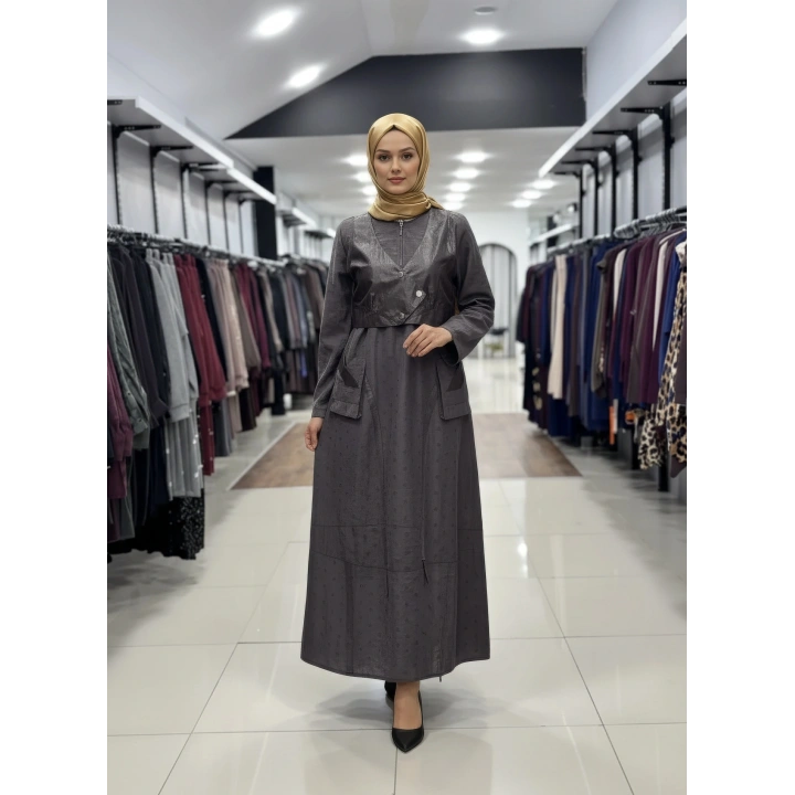 DERİ YELEKLİ CEP VE FERMUAR DETAYLI ELBİSE - Siyah