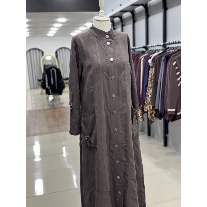 DÜĞME VE CEP DATAYLI ELBİSE - Kahverengi