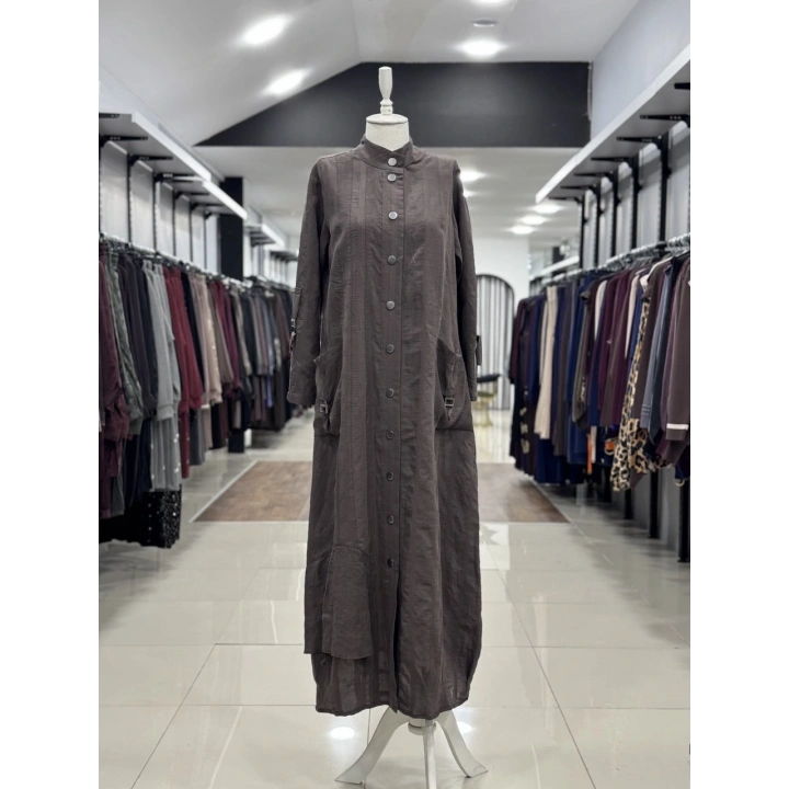 DÜĞME VE CEP DATAYLI ELBİSE - Kahverengi