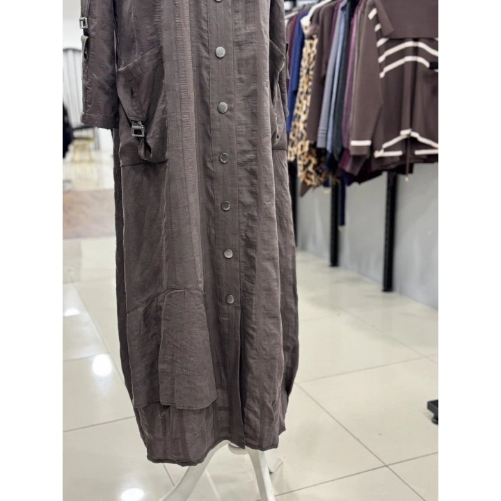 DÜĞME VE CEP DATAYLI ELBİSE - Kahverengi