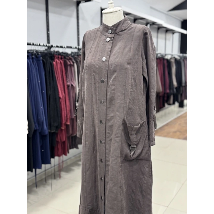 DÜĞME VE CEP DATAYLI ELBİSE - Kahverengi