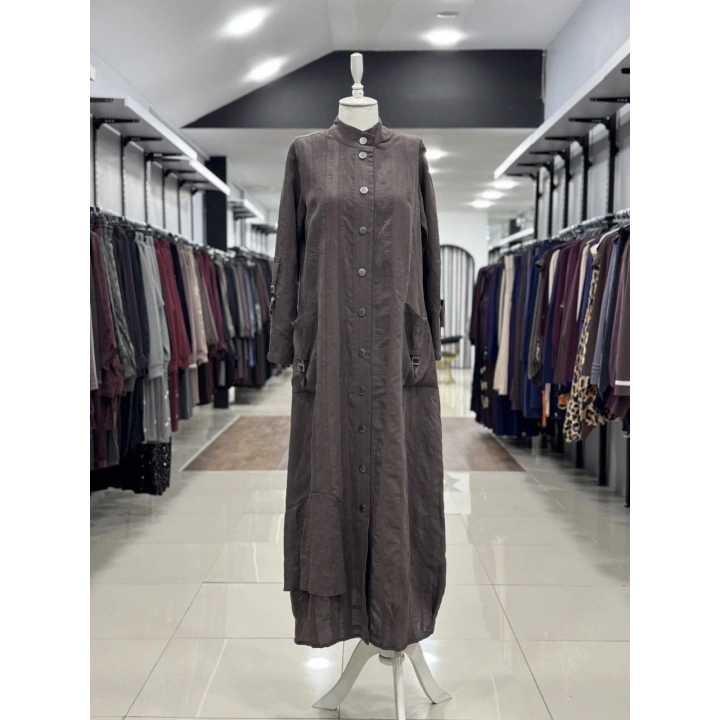 DÜĞME VE CEP DATAYLI ELBİSE - Kahverengi