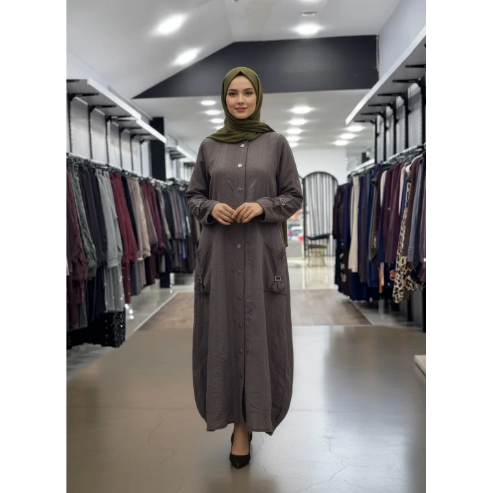 DÜĞME VE CEP DATAYLI ELBİSE - Kahverengi