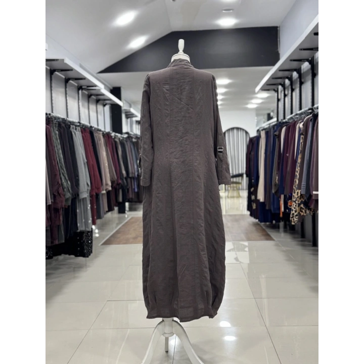 DÜĞME VE CEP DATAYLI ELBİSE - Kahverengi