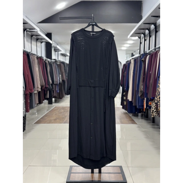 ETEĞİ DÜĞME DETAYLI ELBİSE - Siyah