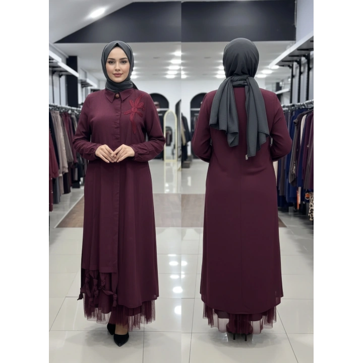 İÇLİKLİ ÖNÜ MAKREME İŞLEME ELBİSE - Kırmızı