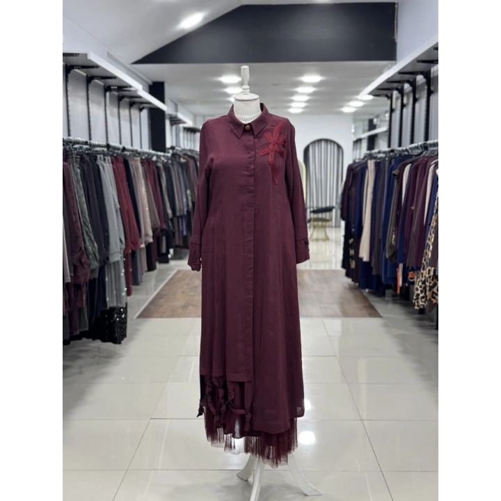 İÇLİKLİ ÖNÜ MAKREME İŞLEME ELBİSE - Kırmızı