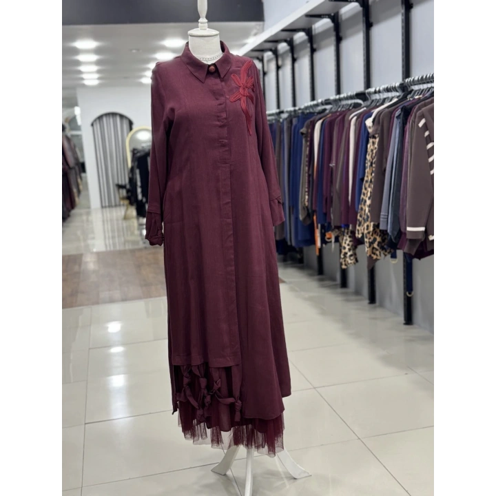 İÇLİKLİ ÖNÜ MAKREME İŞLEME ELBİSE - Kırmızı