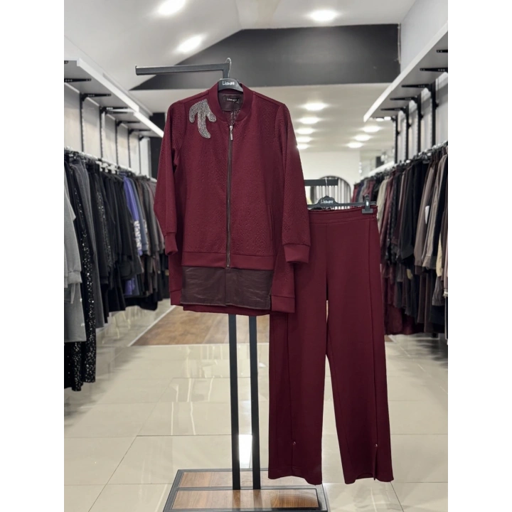 KABARTMALI KUMAŞ VE BONCUK İŞLEME DETAYLI PANTOLONLU İKİLİ T - Bordo