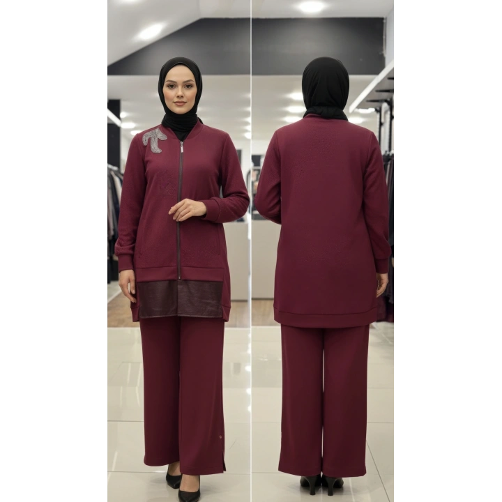 KABARTMALI KUMAŞ VE BONCUK İŞLEME DETAYLI PANTOLONLU İKİLİ T - Bordo