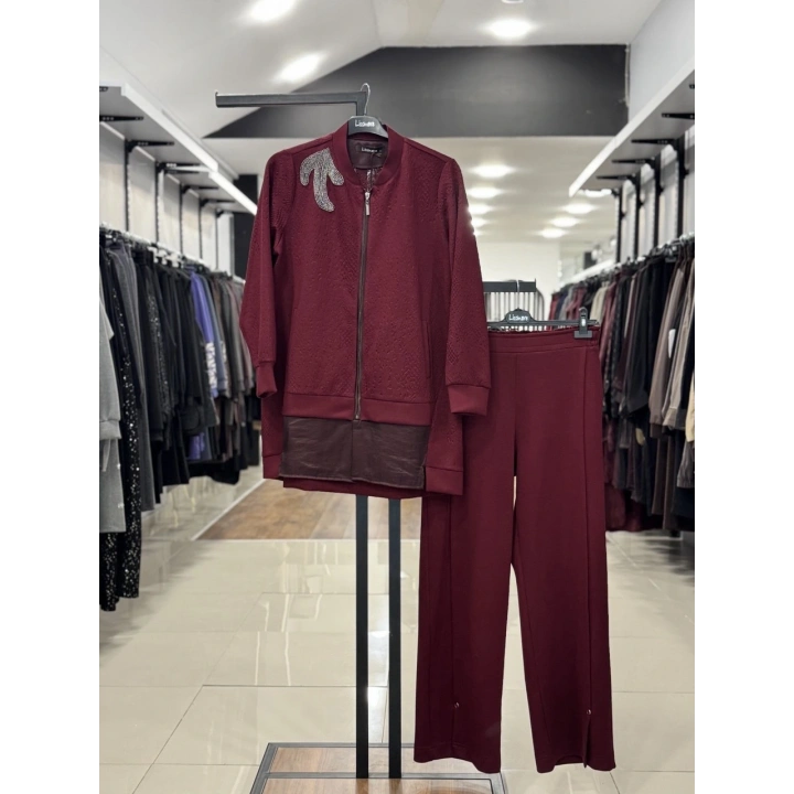 KABARTMALI KUMAŞ VE BONCUK İŞLEME DETAYLI PANTOLONLU İKİLİ T - Bordo