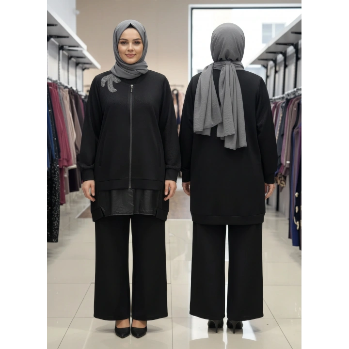 KABARTMALI KUMAŞ VE BONCUK İŞLEME DETAYLI PANTOLONLU İKİLİ T - Siyah