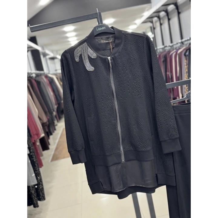 KABARTMALI KUMAŞ VE BONCUK İŞLEME DETAYLI PANTOLONLU İKİLİ T - Siyah