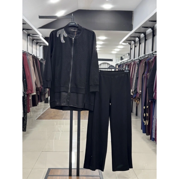 KABARTMALI KUMAŞ VE BONCUK İŞLEME DETAYLI PANTOLONLU İKİLİ T - Siyah