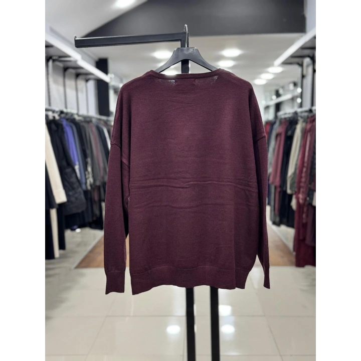 KAR TANESİ İŞLEMELİ DÜŞÜK KOL TRİKO KAZAK - Bordo