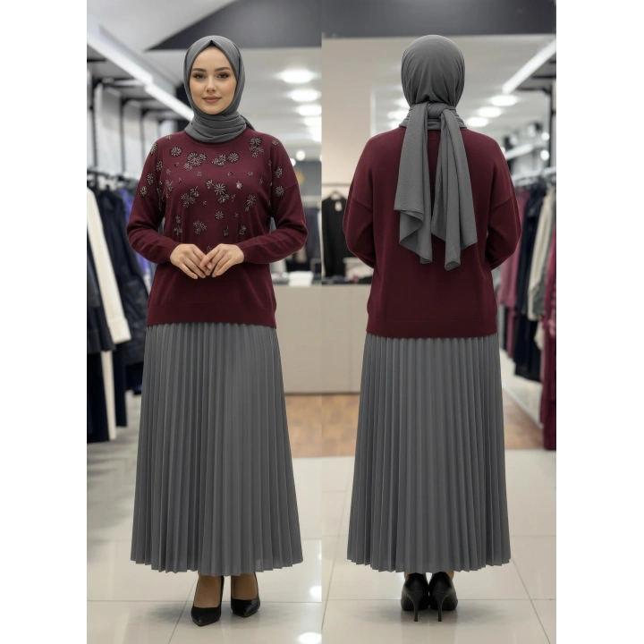 KAR TANESİ İŞLEMELİ DÜŞÜK KOL TRİKO KAZAK - Bordo