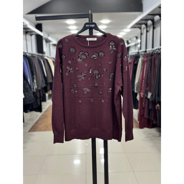 KAR TANESİ İŞLEMELİ DÜŞÜK KOL TRİKO KAZAK - Bordo