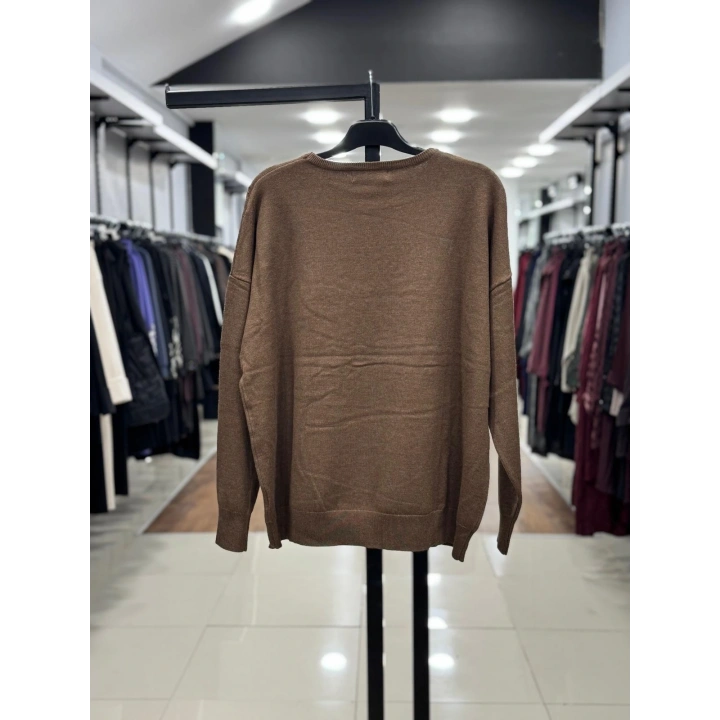 KAR TANESİ İŞLEMELİ DÜŞÜK KOL TRİKO KAZAK - Kahverengi