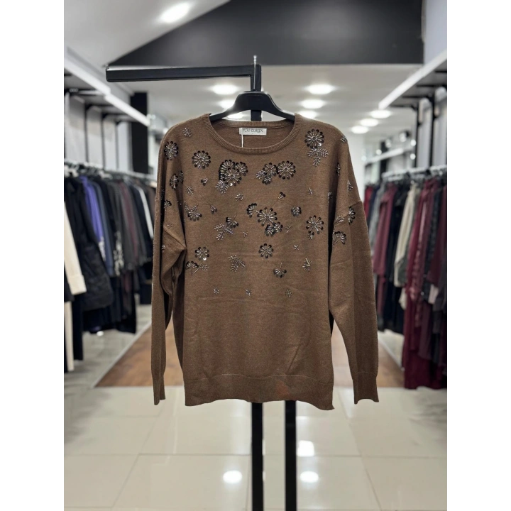 KAR TANESİ İŞLEMELİ DÜŞÜK KOL TRİKO KAZAK - Kahverengi