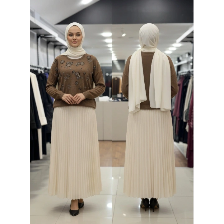 KAR TANESİ İŞLEMELİ DÜŞÜK KOL TRİKO KAZAK - Kahverengi