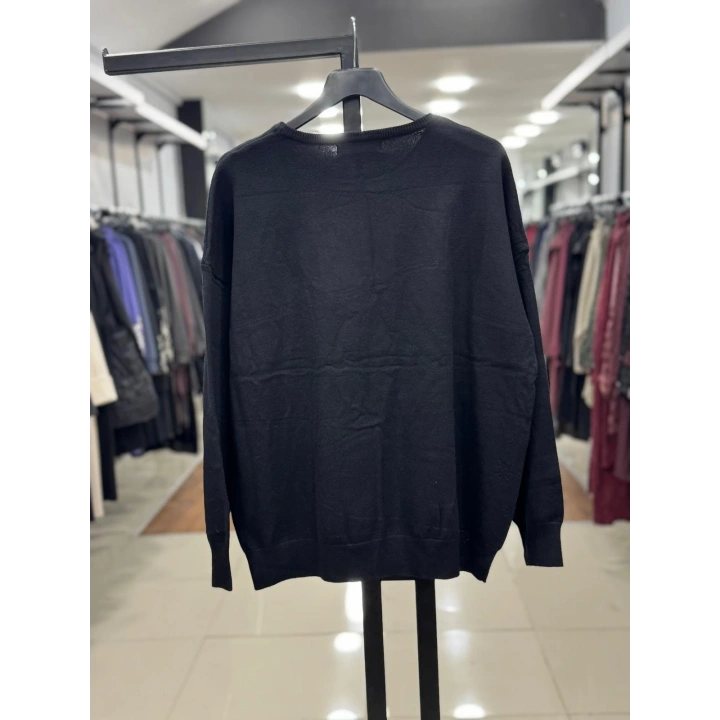 KAR TANESİ İŞLEMELİ DÜŞÜK KOL TRİKO KAZAK - Siyah