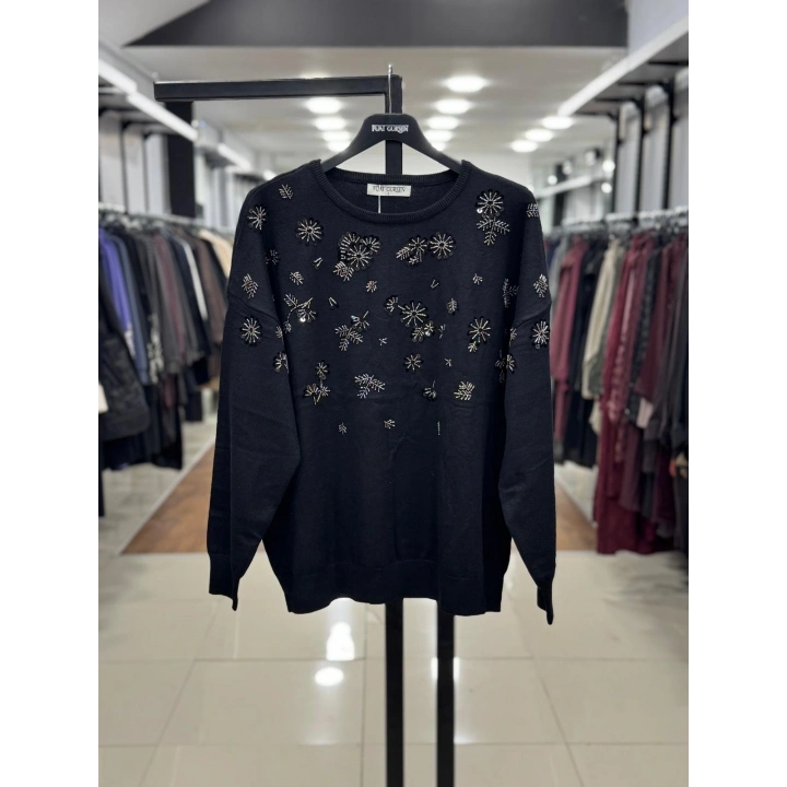 KAR TANESİ İŞLEMELİ DÜŞÜK KOL TRİKO KAZAK - Siyah