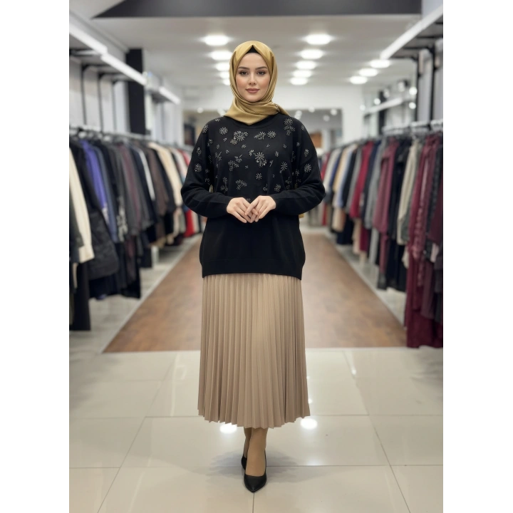 KAR TANESİ İŞLEMELİ DÜŞÜK KOL TRİKO KAZAK - Siyah