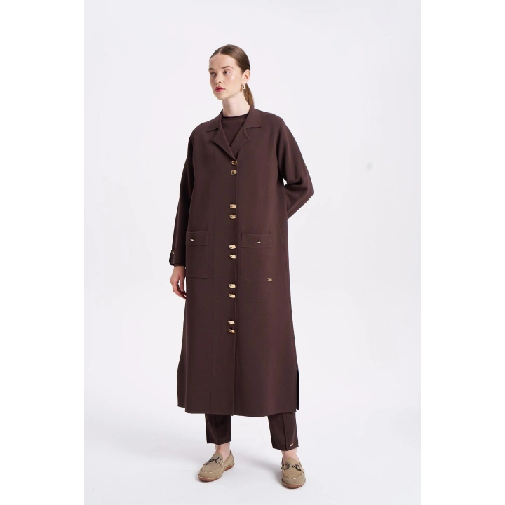 KOLLARI VE CEBİ DUBLE UZUN HIRKA - Kahverengi