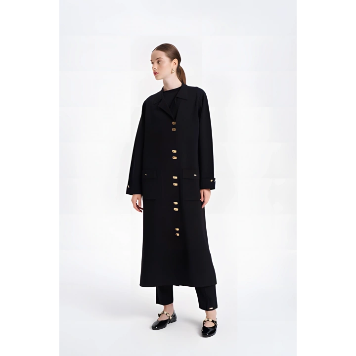 KOLLARI VE CEBİ DUBLE UZUN HIRKA - Siyah