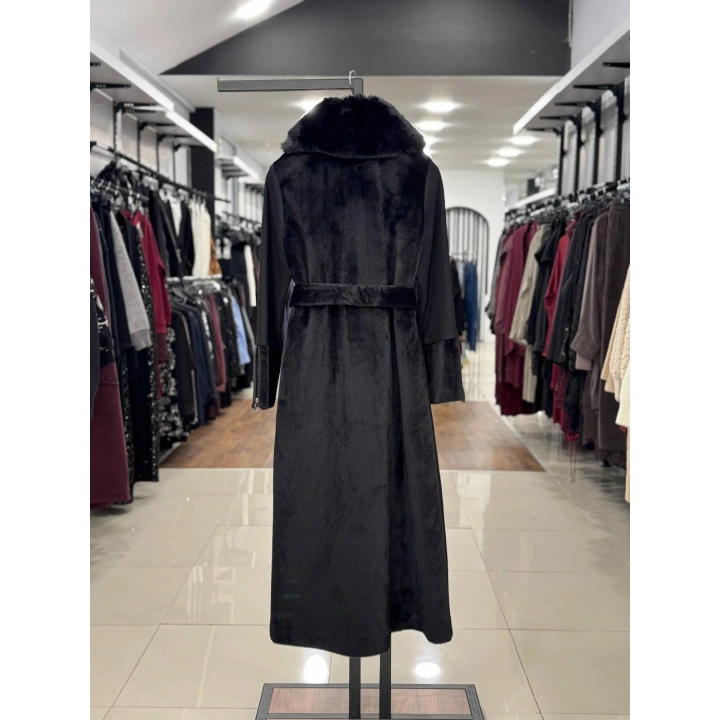 KÜRK DETAYLI KEMERLİ KABAN - Siyah