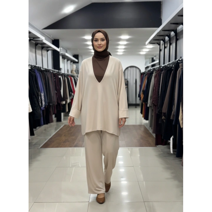 MODERN KESİM DERİN V YAKA BLUZ - Krem
