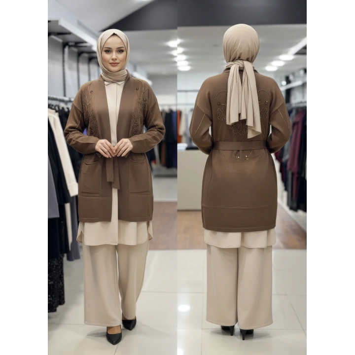 ÖN ARKASI BONCUK İŞLEMELİ KEMERLİ TRİKO HIRKA - Kahverengi