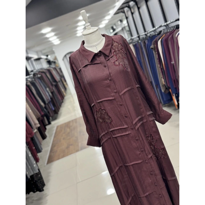 ÖNÜ BONCUK ÇİÇEK DESEN İŞLEMELİ ELBİSE - Bordo