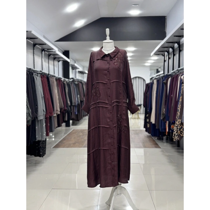 ÖNÜ BONCUK ÇİÇEK DESEN İŞLEMELİ ELBİSE - Bordo