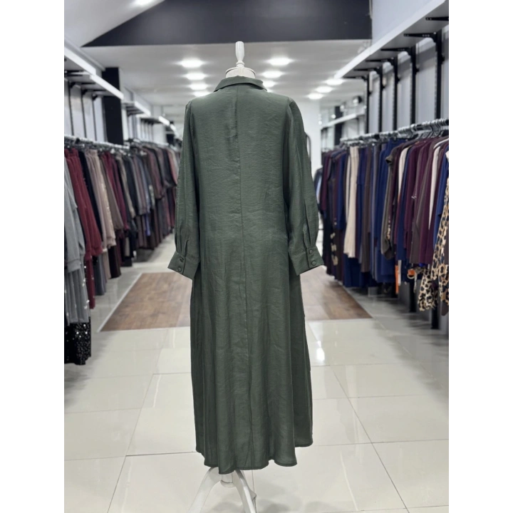 ÖNÜ BONCUK ÇİÇEK DESEN İŞLEMELİ ELBİSE - Haki