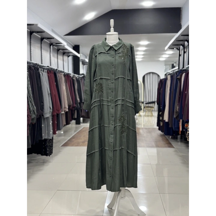 ÖNÜ BONCUK ÇİÇEK DESEN İŞLEMELİ ELBİSE - Haki