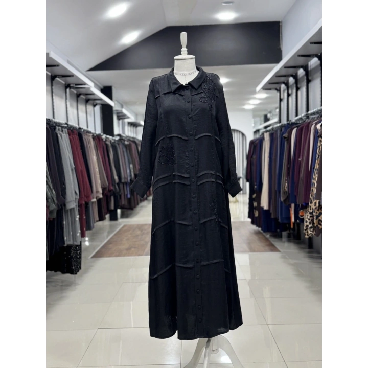 ÖNÜ BONCUK ÇİÇEK DESEN İŞLEMELİ ELBİSE - Siyah