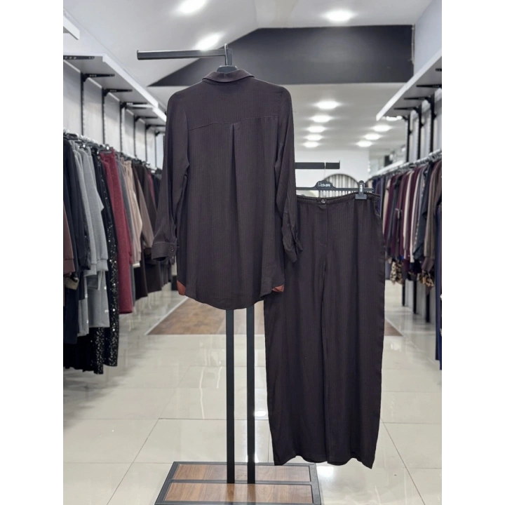 ÖNÜ İÇTEN ÇITÇIT DETAYLI PANTOLONLU RAHAT İKİLİ TAKIM - Kahverengi