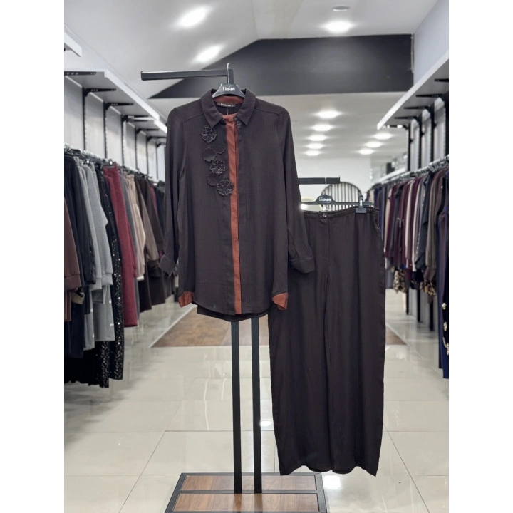 ÖNÜ İÇTEN ÇITÇIT DETAYLI PANTOLONLU RAHAT İKİLİ TAKIM - Kahverengi